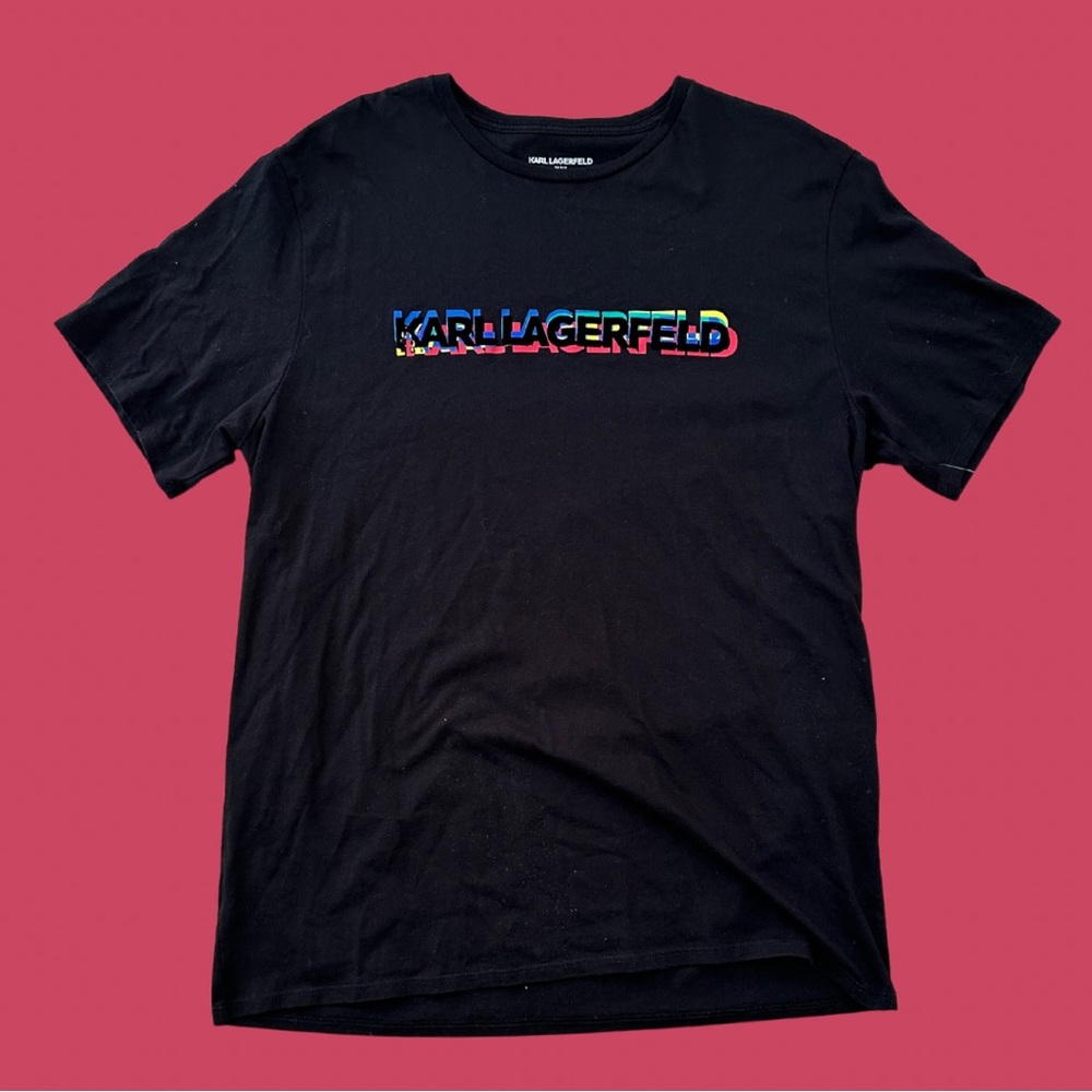 Karl Lagerfeld Rare Black Velvet Spell Out TShirt | Size Large